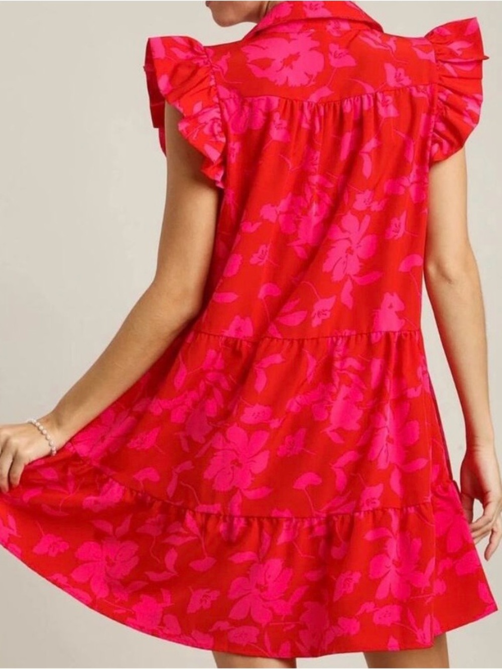 Versatile Flutter Sleeve Red & Pink Floral Resort - Sundress - Party Dress NWOT - Picture 4 of 7